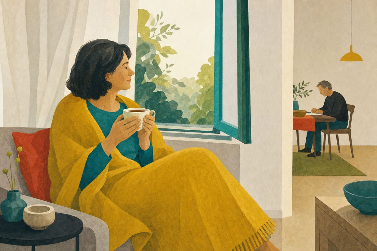 Eine Person sitzt mit einer Tasse am Fenster.